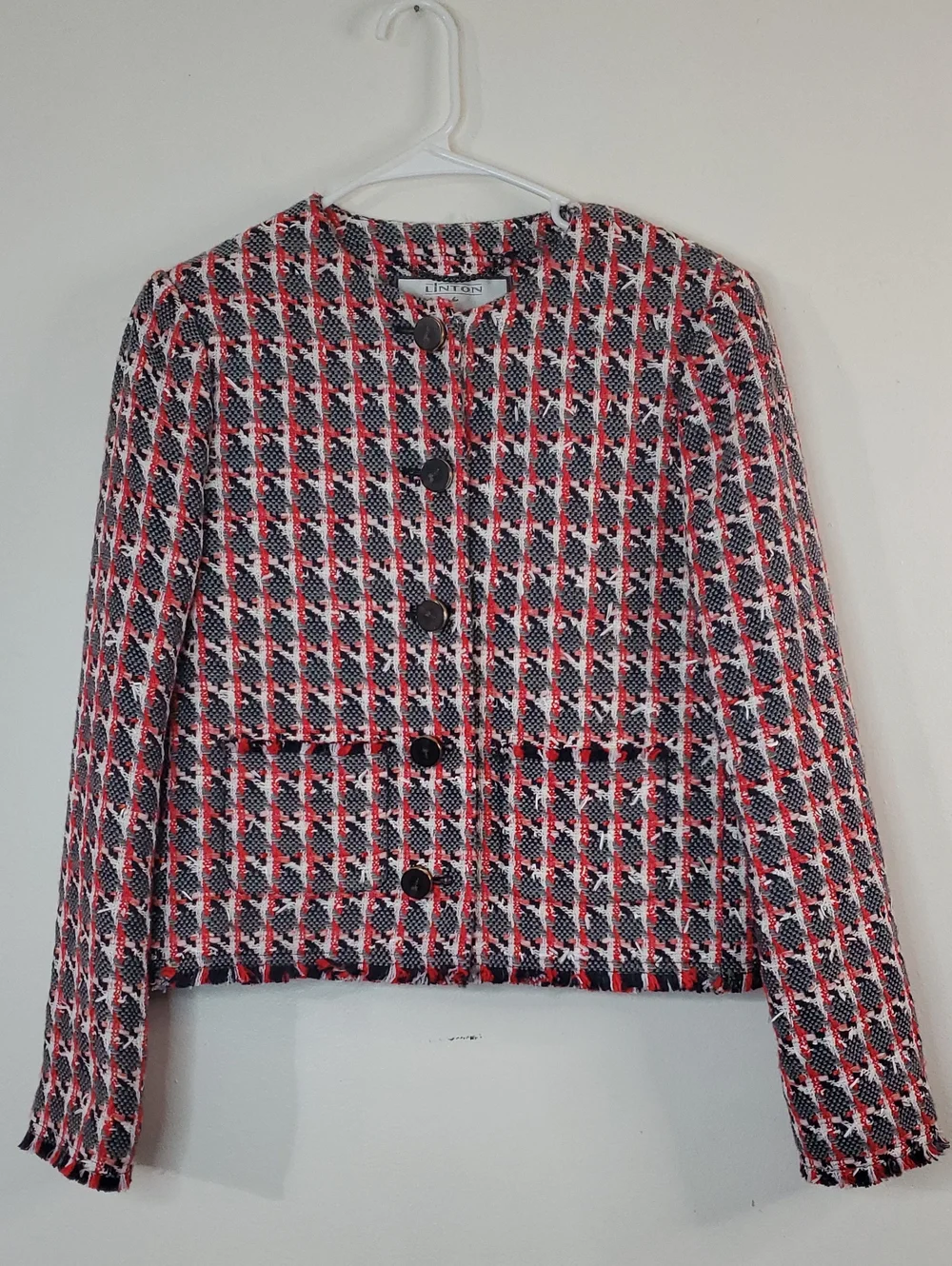 Women's L.K Bennett Danna Red & Navy Tweed Button-Front Blazer Jacket Size 6 - Picture 2 of 14